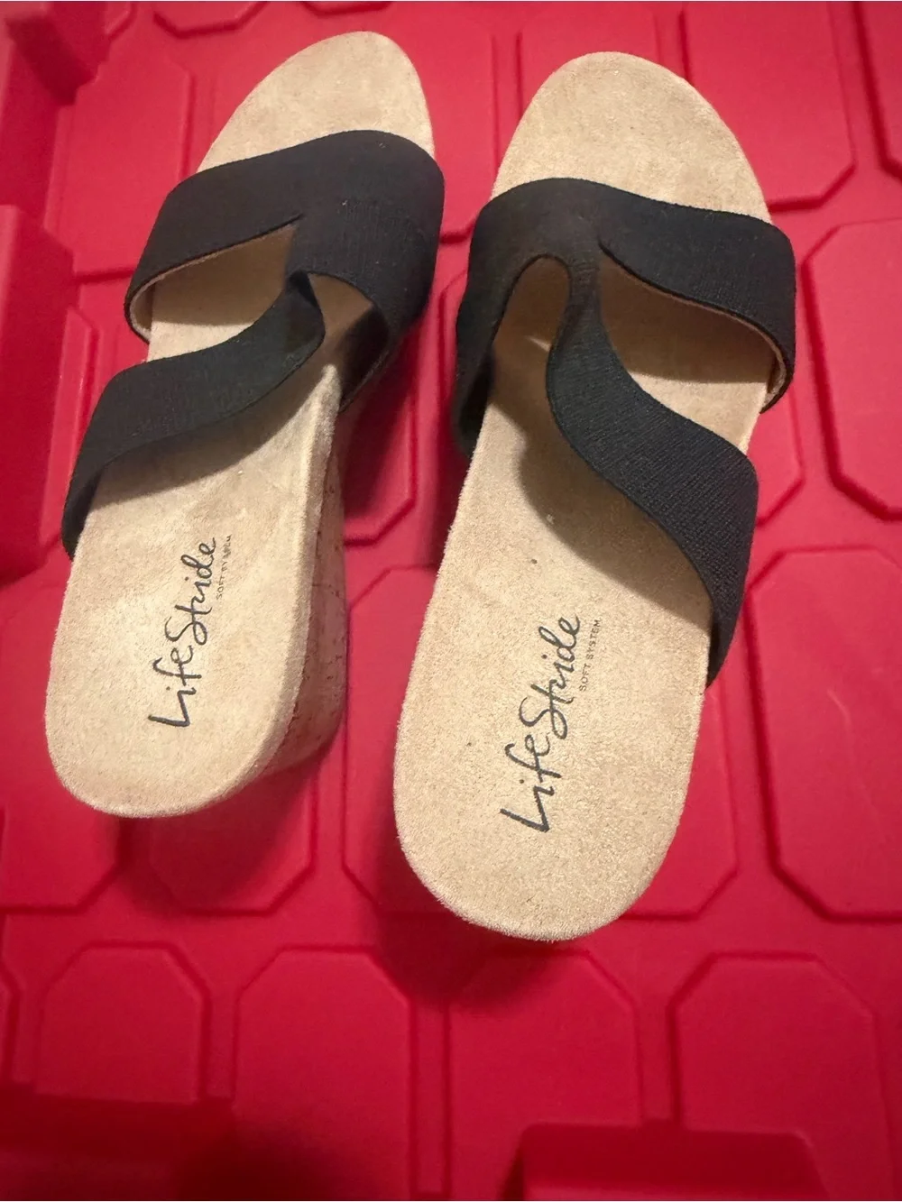 Life Stride Black Cork Double-Band Wedge Sandals